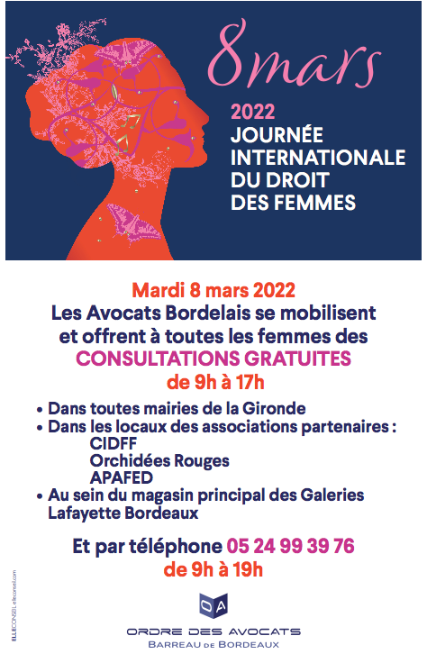 A l'occasion de la Journée Internationale du droit des femmes, le 8 mars 2022, l'Ordre des Avocats de Bordeaux offre à l'ensemble des communes du territoire Girondin, des consultations juridiques gratuites. 